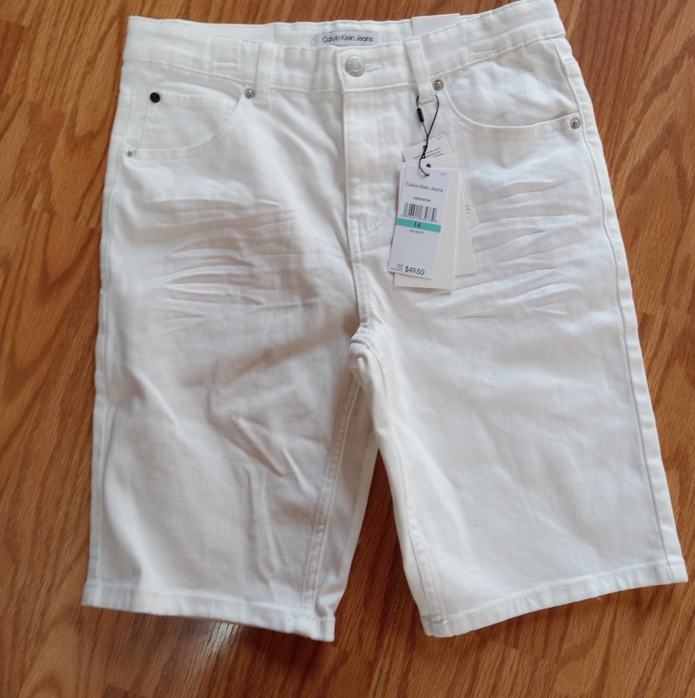 NWT Calvin Klein White Jean Shorts Classic Denim Style Size 16 Slim Boys MSRP 50